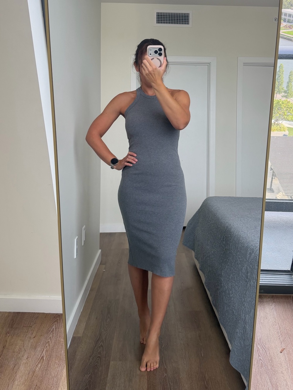 WSLY Charcoal Gray Sleeveless Ribbed Midi Dress